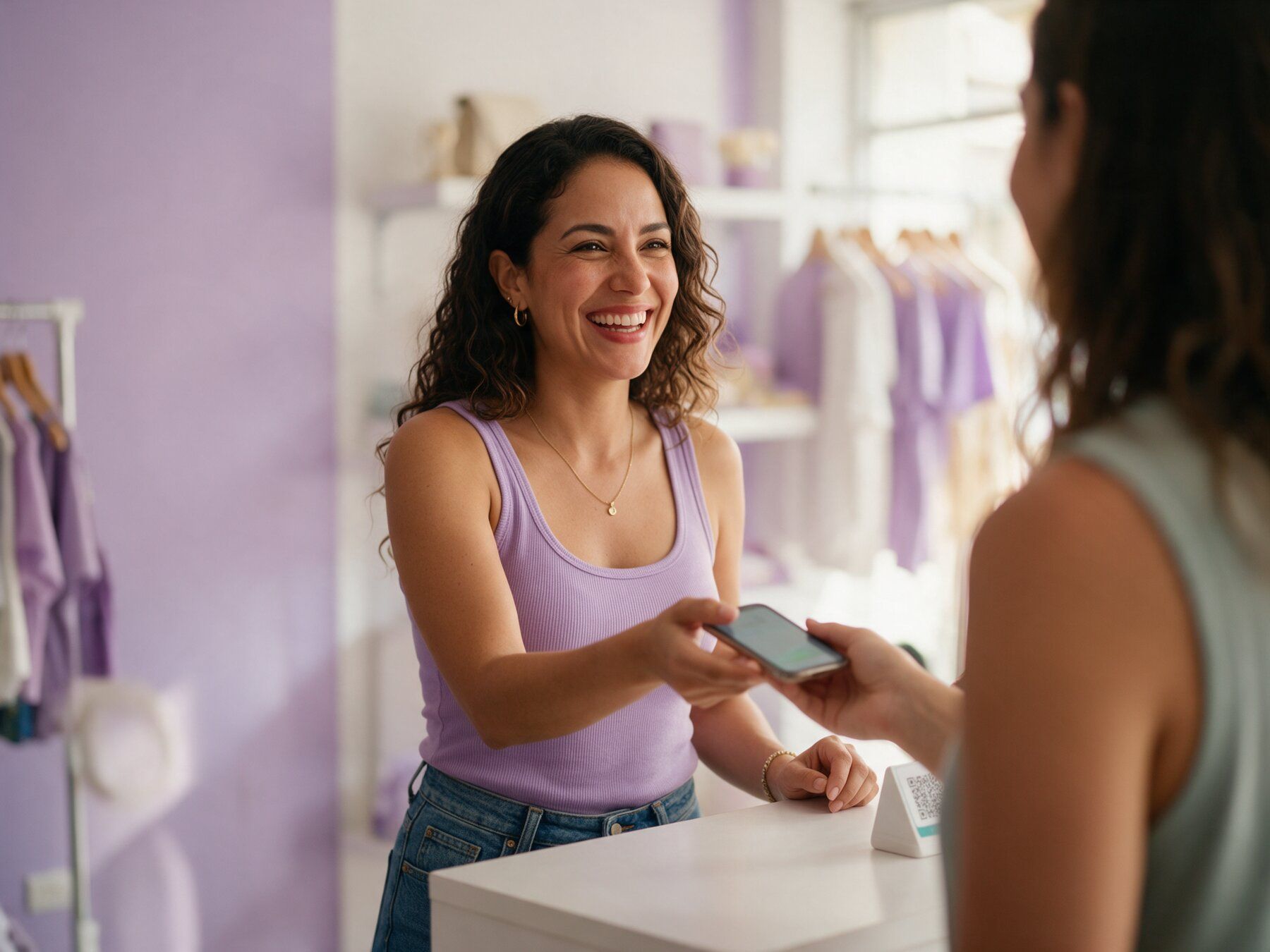 Dueña de una boutique sonriendo mientras recibe un pago con el teléfono de una clienta