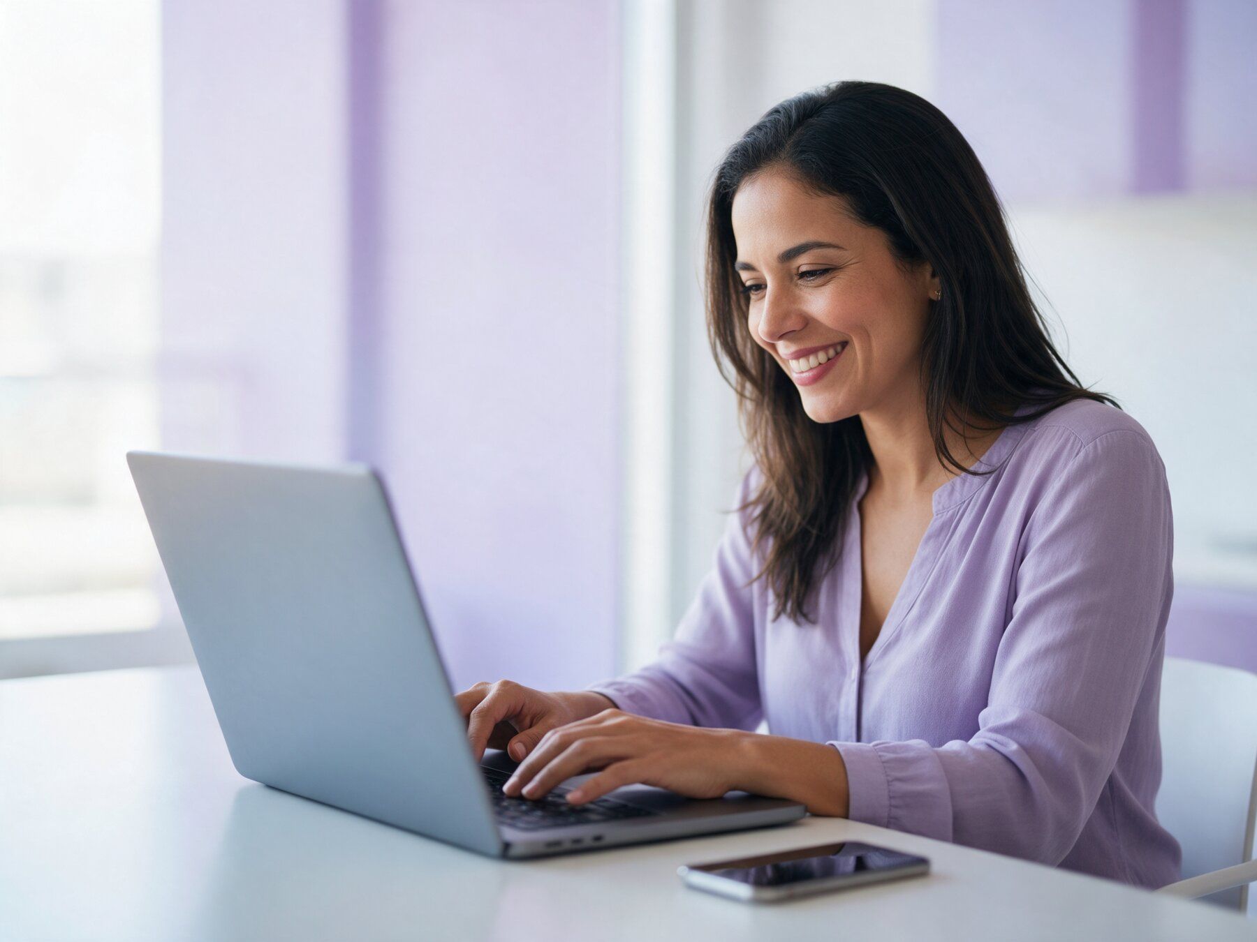Mujer sonriendo mientras escribe en su computadora portátil junto a una ventana luminosa