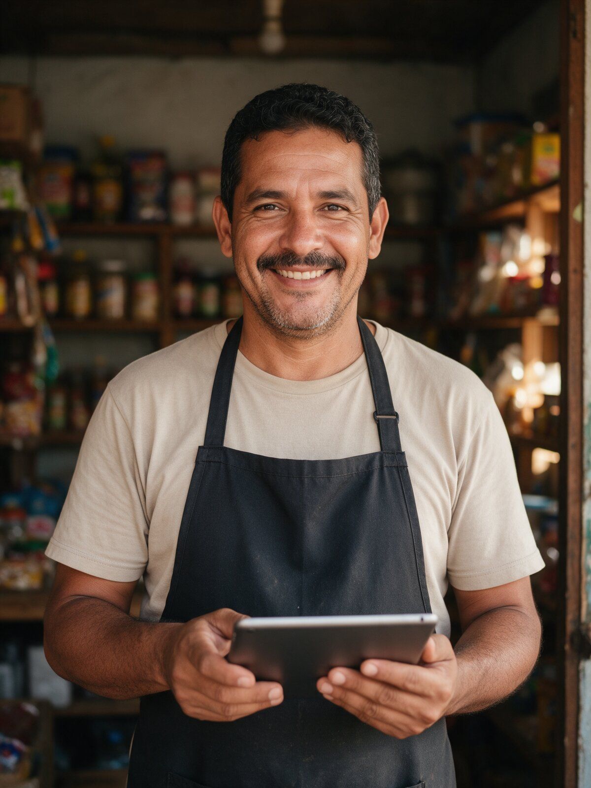 Comerciante con una tableta en su tienda de barrio