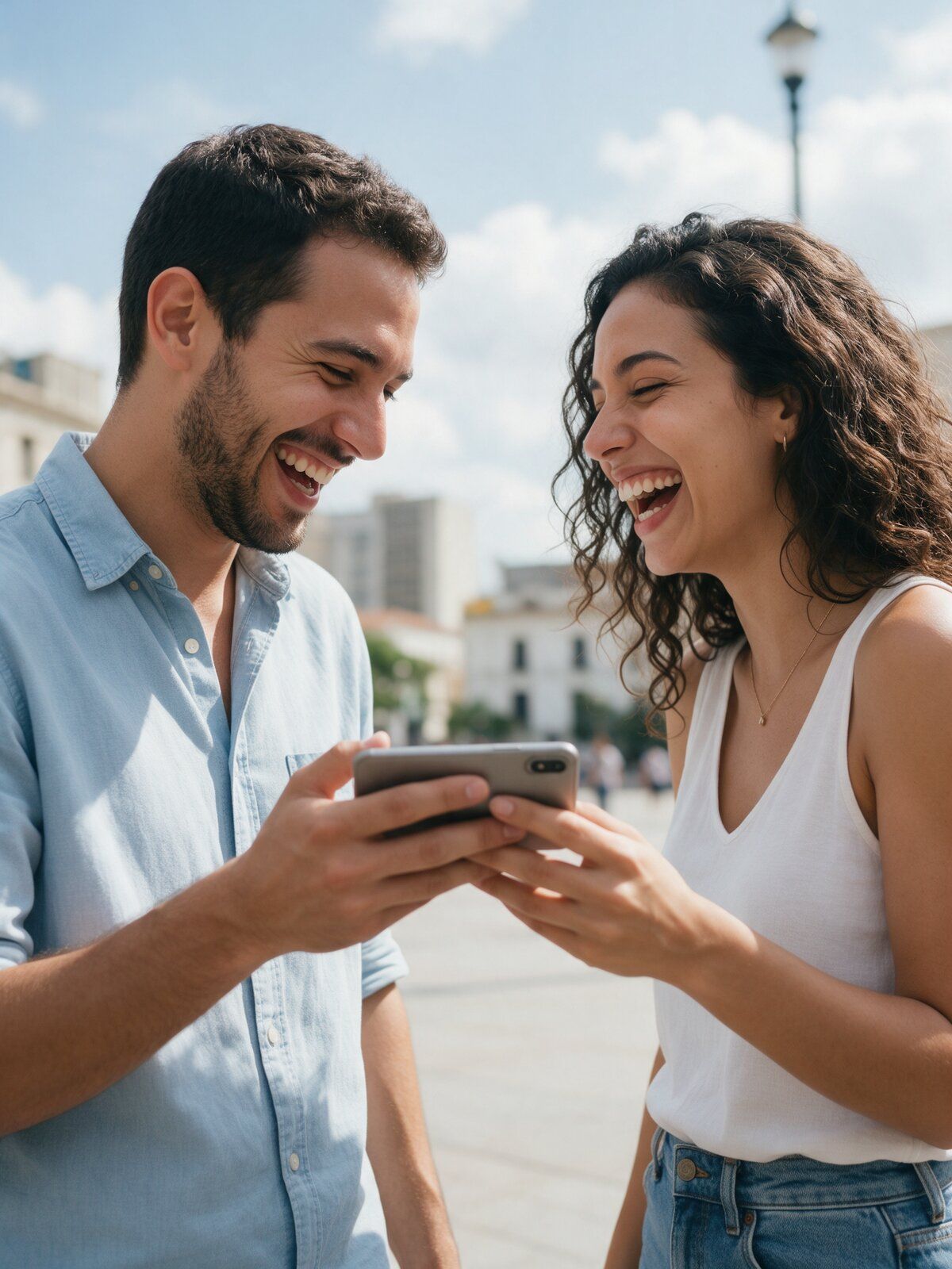 Dos amigos riendo mientras miran un teléfono en una plaza