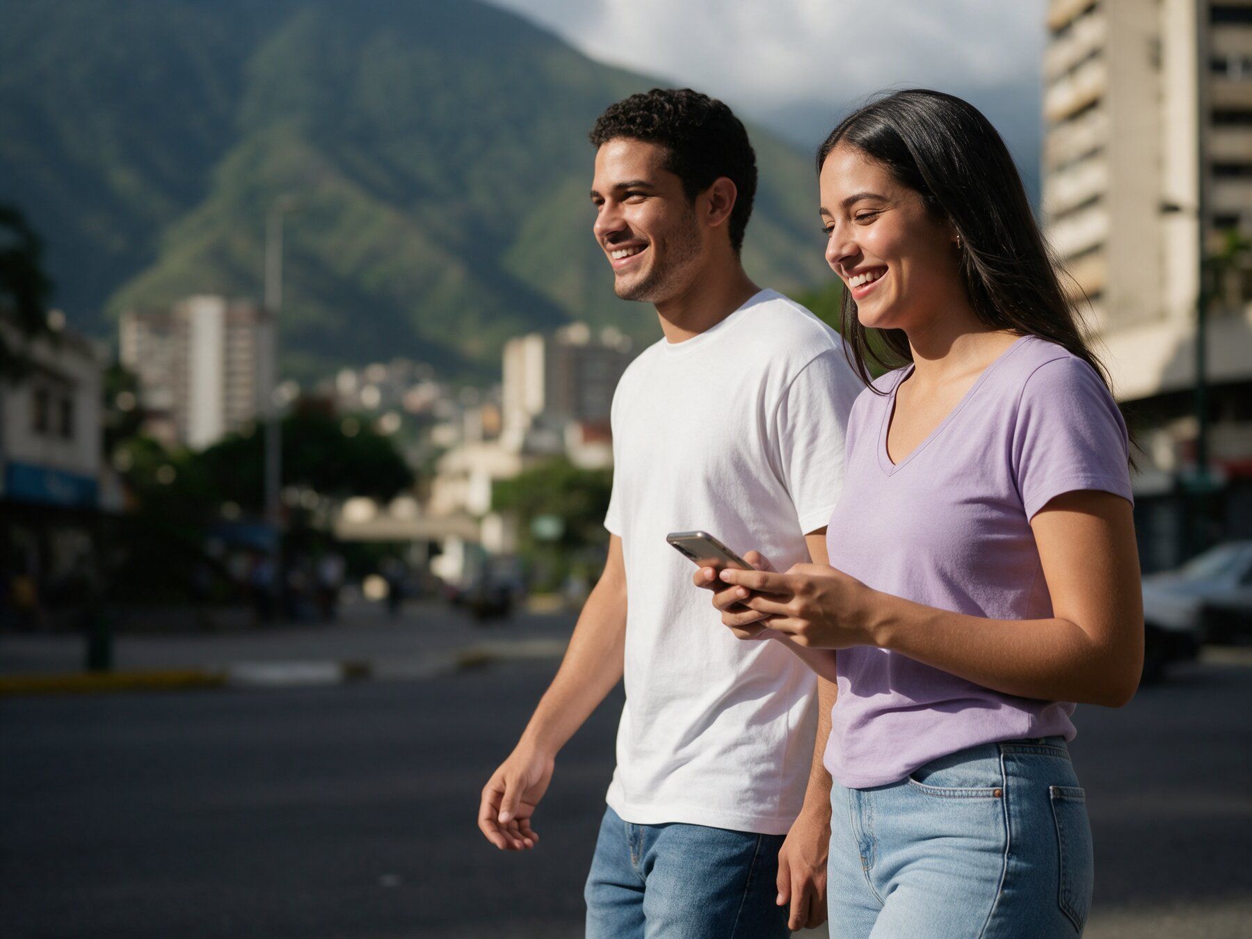 Pareja joven sonriendo mientras camina por una calle de Caracas con el Ávila al fondo